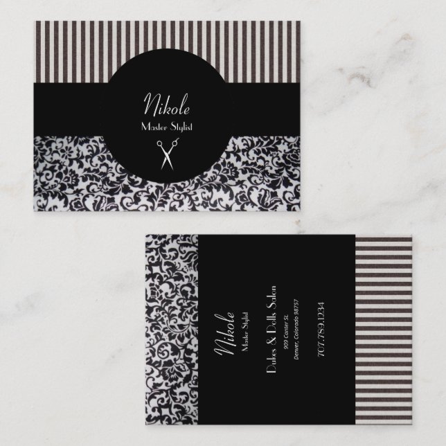 Cartão De Visita Hairstylist Stripes & Vines Black & White (Frente/Verso)