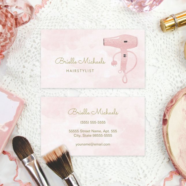 Cartão De Visita Hairstylist Suave Pink FAUX Glitter Hairdryer (Chic Hairstylist Soft Pink FAUX Glitter Hairdryer Business Cards)