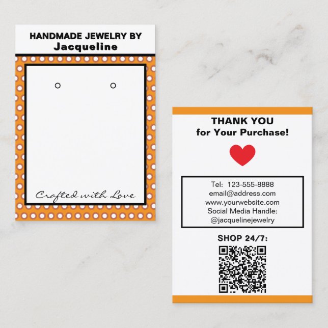 Cartão De Visita Handmade Earrings Orange White Polka Dots (Frente/Verso)