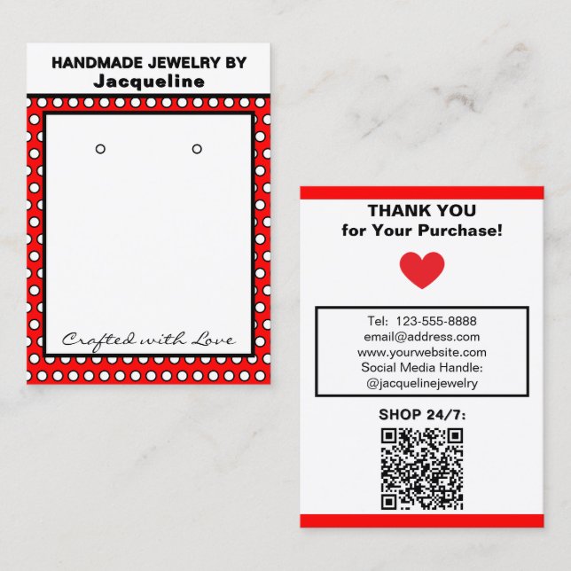 Cartão De Visita Handmade Earrings Red White Polka Dots (Frente/Verso)