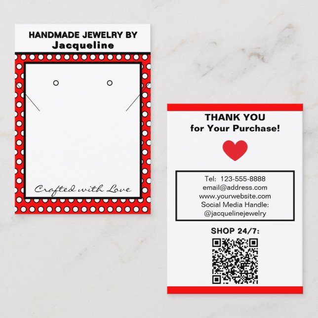 Cartão De Visita Handmade Necklace Earrings Red White Polka Dots (Frente/Verso)