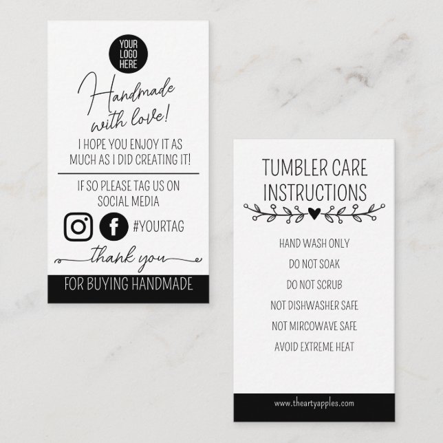 Cartão De Visita Handmade With Love Care Instructions Card (Frente/Verso)