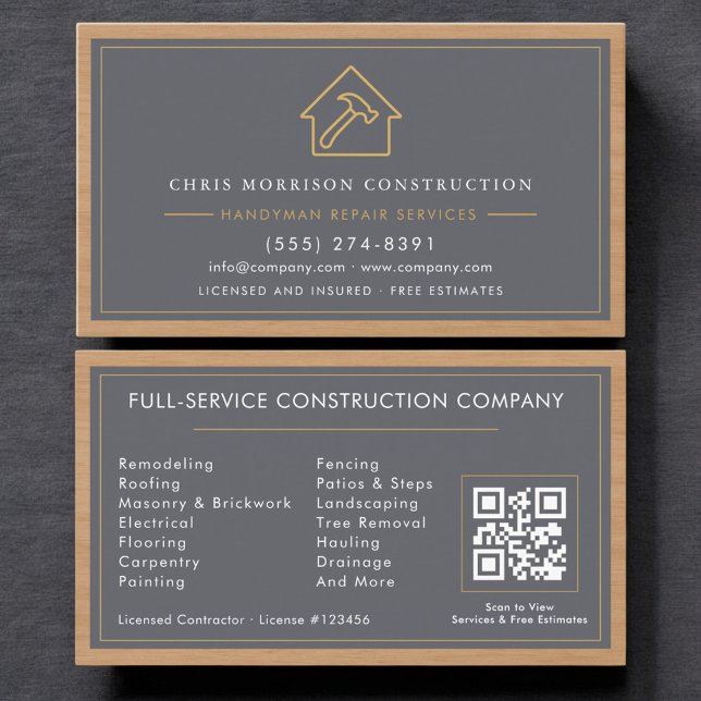 Cartão De Visita Handyman QR Code Wood Construction Professional (Criador carregado)