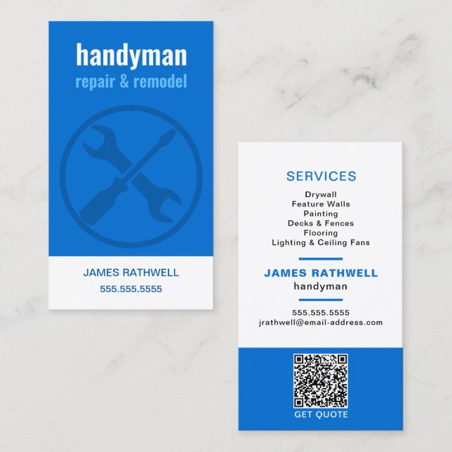 Cartão De Visita Handyman Repara Remodel | Código QR (Frente/Verso)