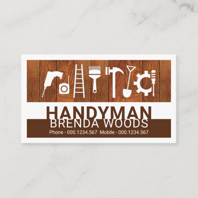Cartão De Visita Handyman Tools On Wood Panel (Frente)