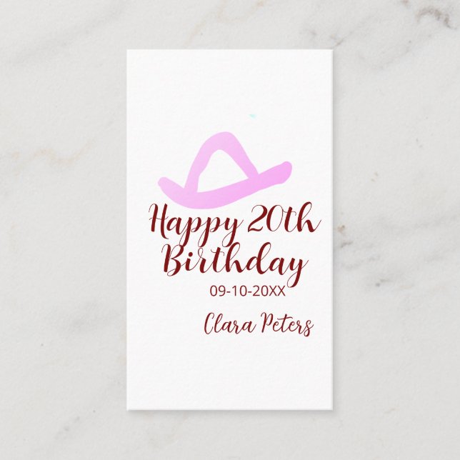 Cartão De Visita Happy 20th birthday pink cowboy girl name date sim (Frente)