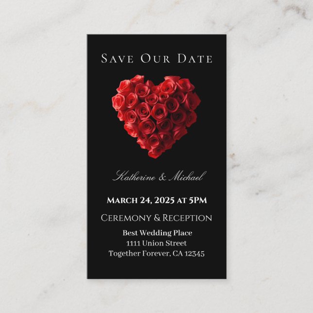 Cartão De Visita Heart Shaped Red Rose-Save the Date- (Frente)