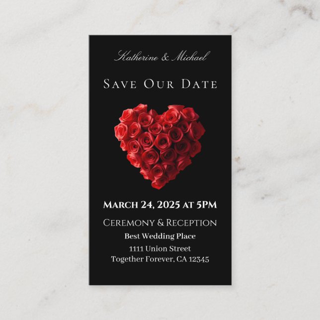 Cartão De Visita Heart Shaped Red Rose-Save the Date- (Frente)