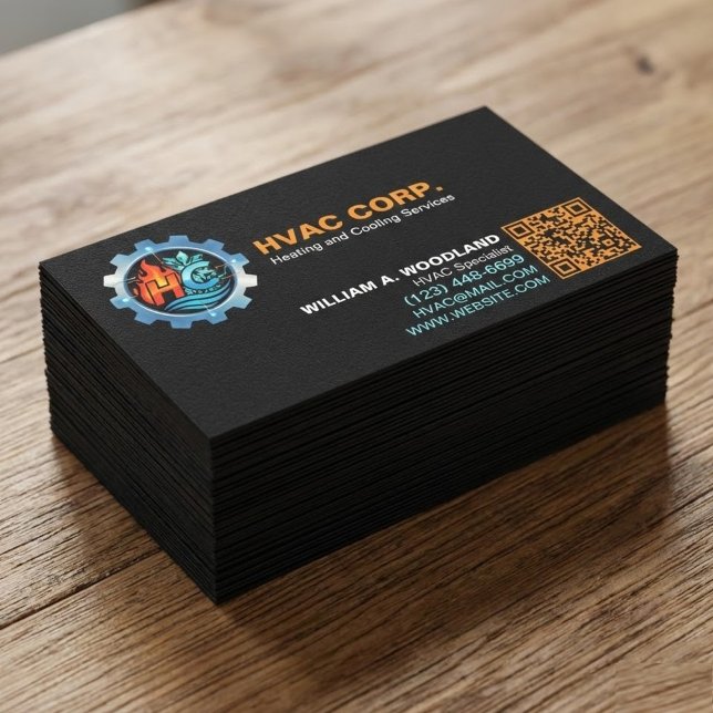 Cartão De Visita Heating and Cooling Logo & Qr Code | Black HVAC (minimalist HVAC business cards. Designed for true heating and cooling specialists)