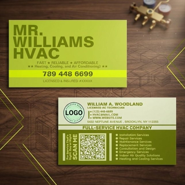 Cartão De Visita Heating & Cooling & Air Conditioning | Green HVAC (logo air conditioning contractor cards, heating tech business cards, modern cards with QR code)