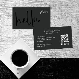 Cartão De Visita Hello Heart Deep Black Script QR Code Social Media