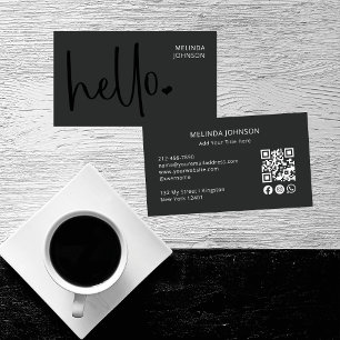 Cartão De Visita Hello Heart Deep Black Script QR Code Social Media