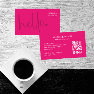 Cartão De Visita Hello Heart Pink Script QR Code Social Media