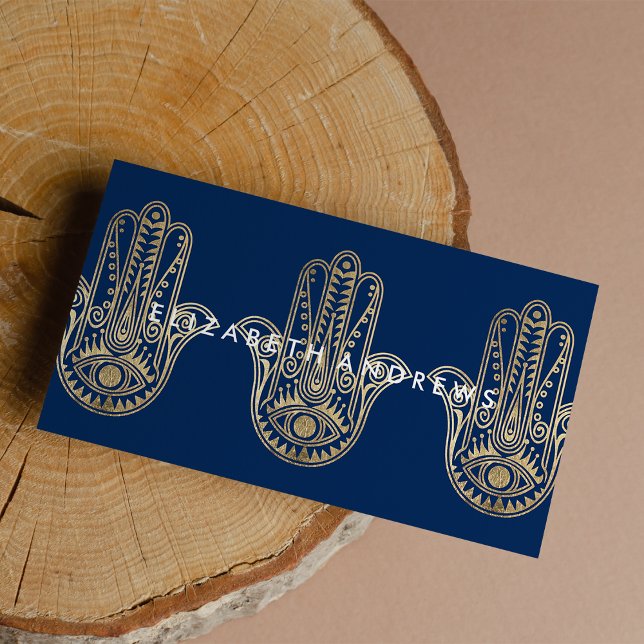 Cartão De Visita Hena hamsa, marinho de ouro azul Elegante, mão de  (Elegant navy blue gold henna hamsa hand of Fatima Business Card )