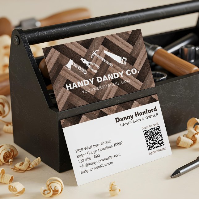 Cartão De Visita Herringbone Woodgrain Handyman Tools Contratante (Herringbone Woodgrain Handyman Tools Contractor Business Card)