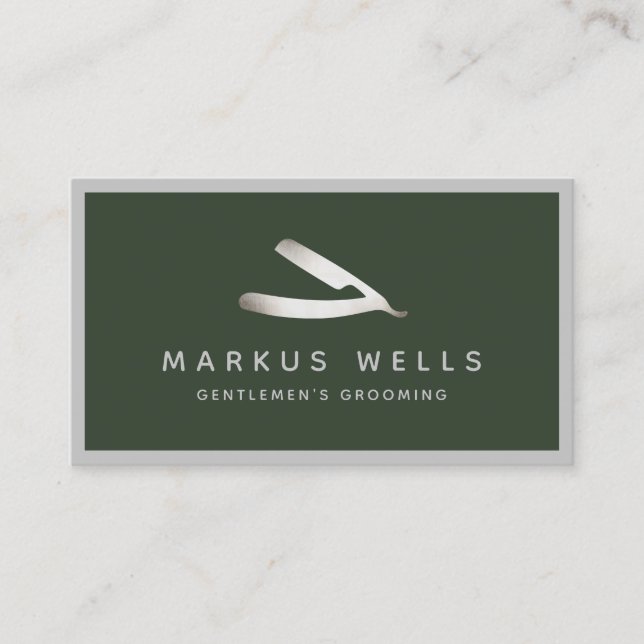 Cartão De Visita Hetero Prata Razor Barbershop Mestre Barber (Frente)