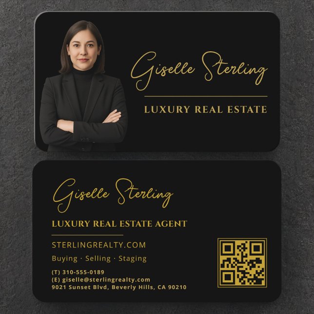 Cartão De Visita High End Real Estate Black Gold QR Code (Criador carregado)