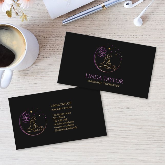 Cartão De Visita Holistic Massage Therapy Healer Energy (purple and gold lotus flower logo for massage therapist)