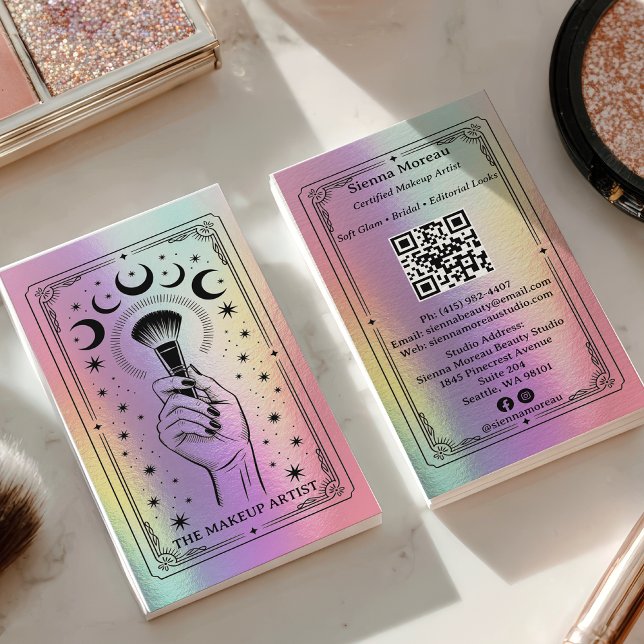 Cartão de Visita Holográfico Arco-íris Celestial T (Holographic Rainbow Celestial Tarot Makeup QR Business Card)