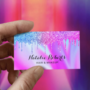 Cartão De Visita Holográfico Unicórnio Derruba Bela Salão Rosa Azul