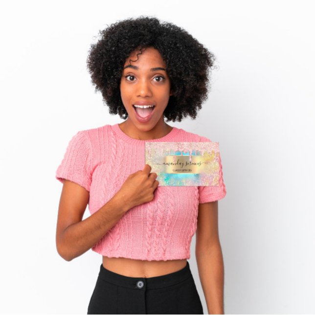 Cartão De Visita Hológrafo Makeup Lashes UNHAS Studio Dourado Rosa (Holograph Makeup Lashes NAILS Studio Gold Pink Business Card)