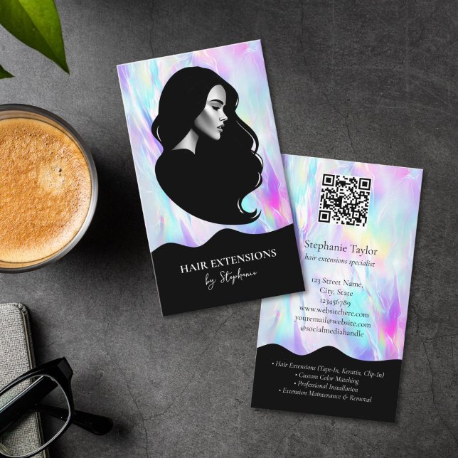 Cartão De Visita Holograph Luxury Hair Stylist Extensions Wig Photo (luxury holographic hair stylist business card)
