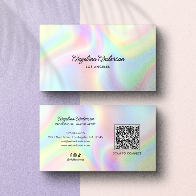 Cartão De Visita Holographic Elegant Script QR Code Social Media (Criador carregado)