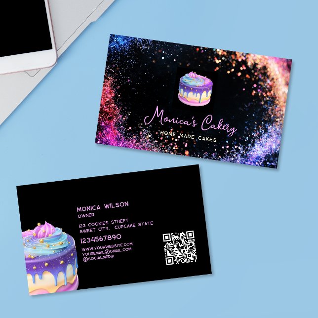 Cartão De Visita Holographic Glitter Cake Home fez Cupcakes QR (Criador carregado)