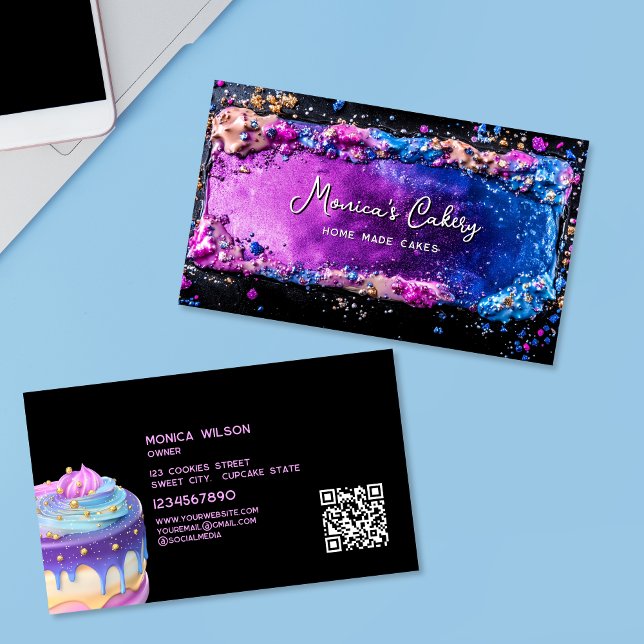 Cartão De Visita Holographic Glitter Cake Home fez Cupcakes QR (Criador carregado)