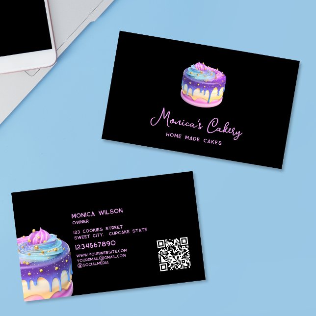 Cartão De Visita Holographic Glitter Cake Home fez Cupcakes QR (holographic cake black background)
