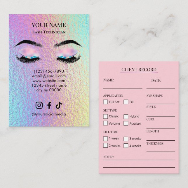 Cartão De Visita Holographic Lash Client Record Form (Frente/Verso)