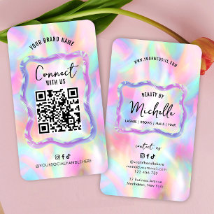 Cartão De Visita Holographic Neon Opal Girly Social Media Código QR