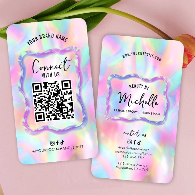 Cartão De Visita Holographic Neon Opal Girly Social Media Código QR (Trendy holographic neon effect scannable social media QR code business cards)