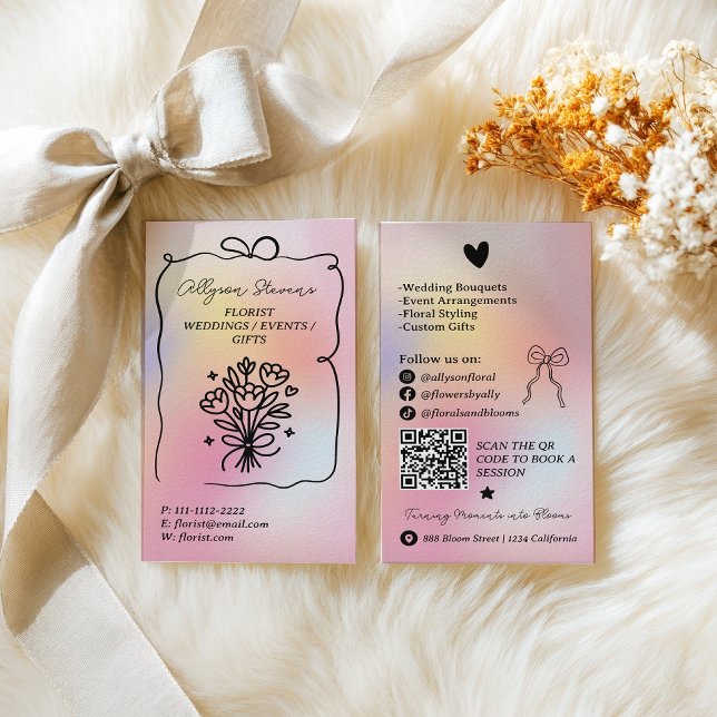 Cartão De Visita Holographic rainbow Doodles Florist Artist QR Code (Holographic rainbow Doodles Florist Artist QR Code Business Card)