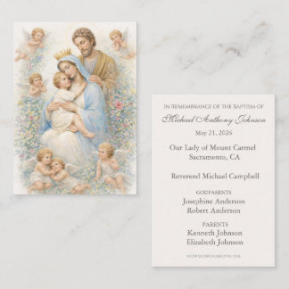 Cartão De Visita Holy Family with Angels Floral Baptism Remembrance