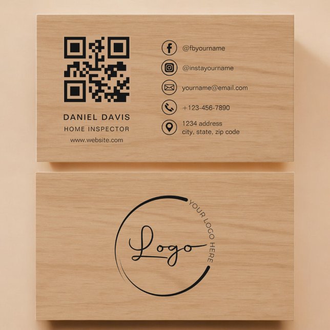Cartão De Visita Home Inspector Wood Professional QR Code (Criador carregado)