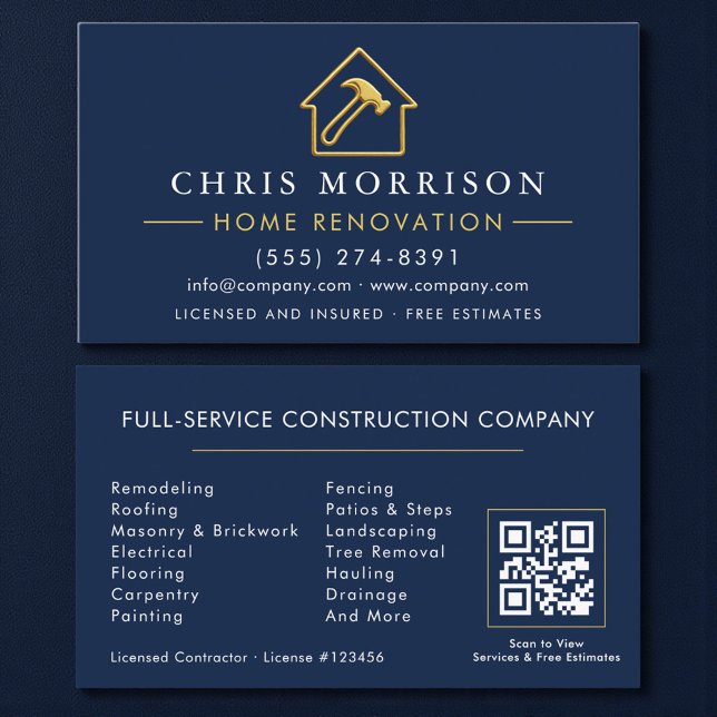 Cartão De Visita Home Renovation Metallic Navy Blue Gold QR Code (Criador carregado)