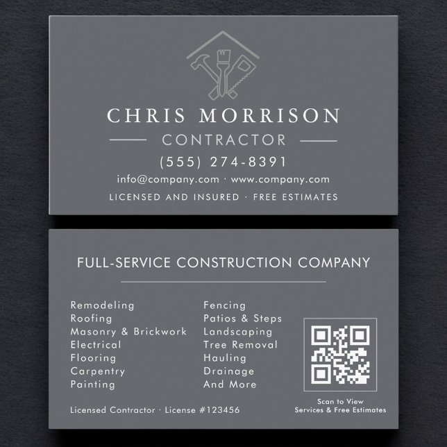 Cartão De Visita Home Repairs Contractor Gray Silver QR Code (Criador carregado)
