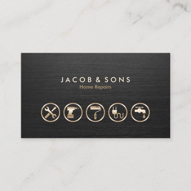 Cartão De Visita Home Repara ícones Dourados Textura de metal escov (Frente)