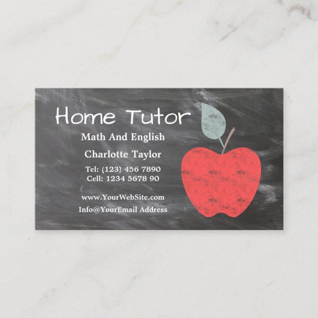 Cartão De Visita Home Tutor Professora Apple Esmagada Chalkboard V2 (Frente)