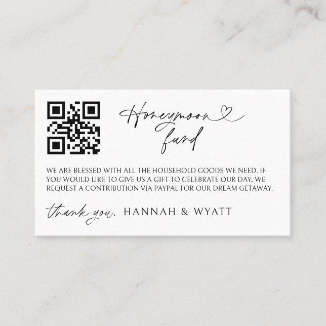 Cartão De Visita Honeymoon Gift Request Wedding Enclosure Scan Card (Frente)