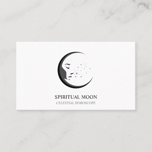 Cartão De Visita Horóscopo da Lua Espiritual Branco Preto Celestial (Frente)