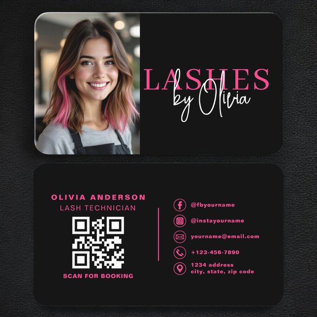Cartão De Visita Hot Pink Black Lash Technician Photo QR Code (Criador carregado)