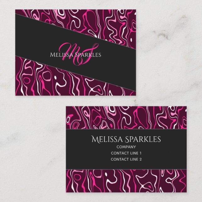 Cartão De Visita Hot pink damascus abstract swirls Custom Monogram (Frente/Verso)