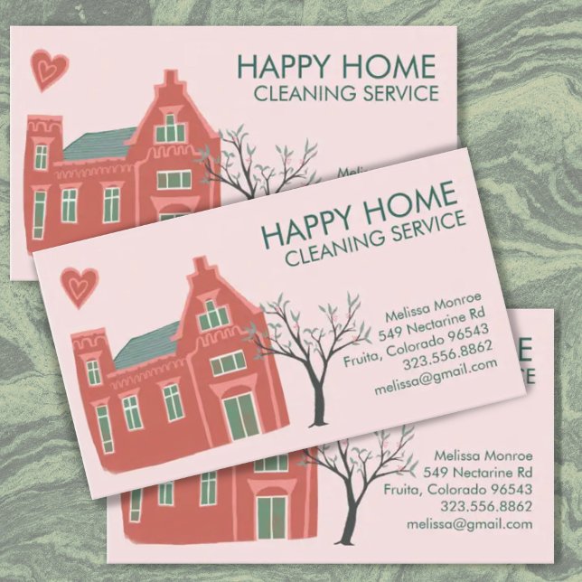 Cartão De Visita House Cleaning Home Services Charming Pink Green (Cute house hand-drawn illustration decorates this custom business card. Add your text, change colors)