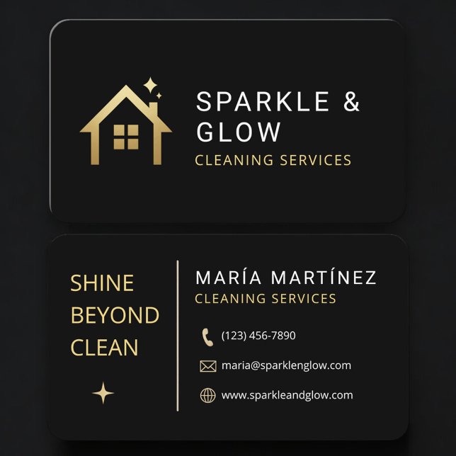 Cartão De Visita House Cleaning Service Black Gold Professional (Criador carregado)