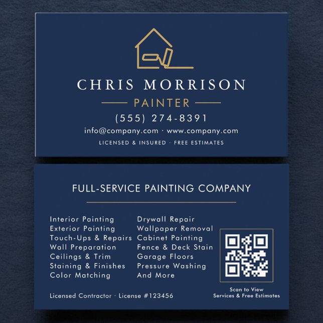 Cartão De Visita House Painter Navy Blue Gold QR Code (Criador carregado)