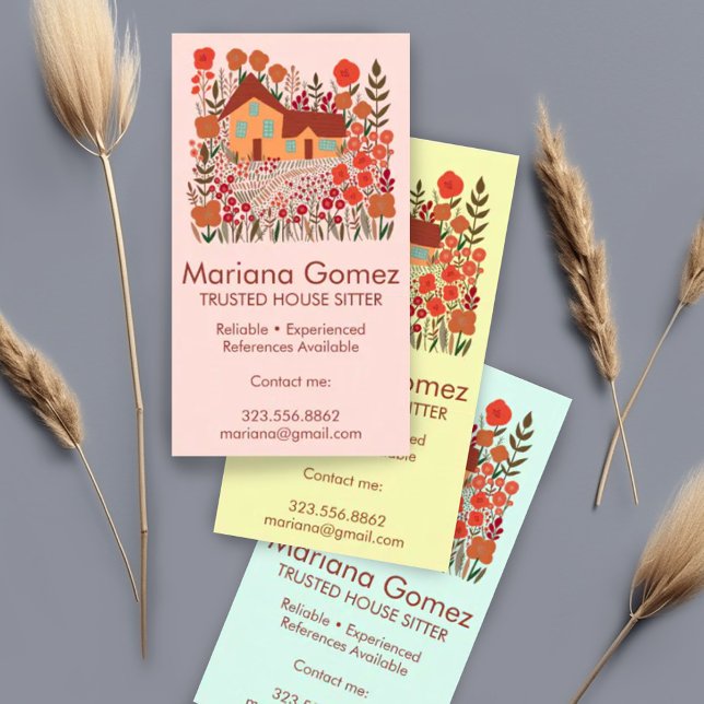 Cartão De Visita Housesitter House Sentando Jardim Farmhouse Person (Custom house sitting business card with cute illustration of house and garden)