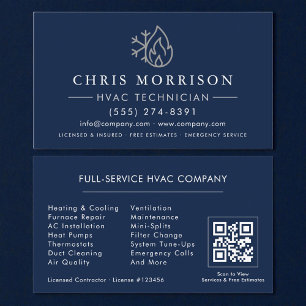 Cartão de Visita HVAC Azul Marinho Prata Código QR