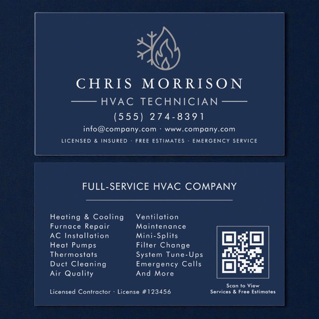 Cartão De Visita HVAC Navy Blue Silver QR Code (Criador carregado)